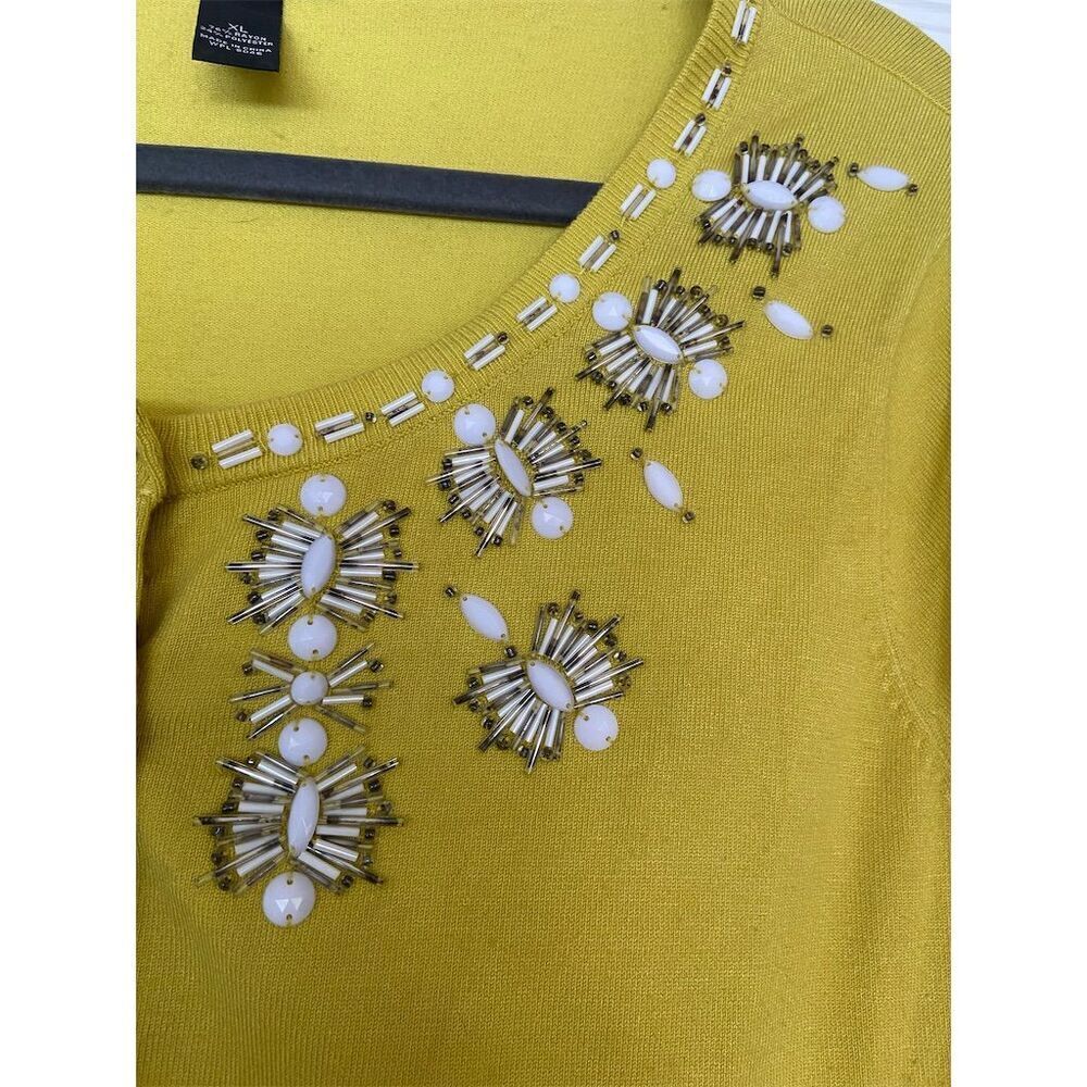 INC Women's Beaded Cardigan XL Yellow Short Sleeve Button-Up Sweater - Picture 5 of 5